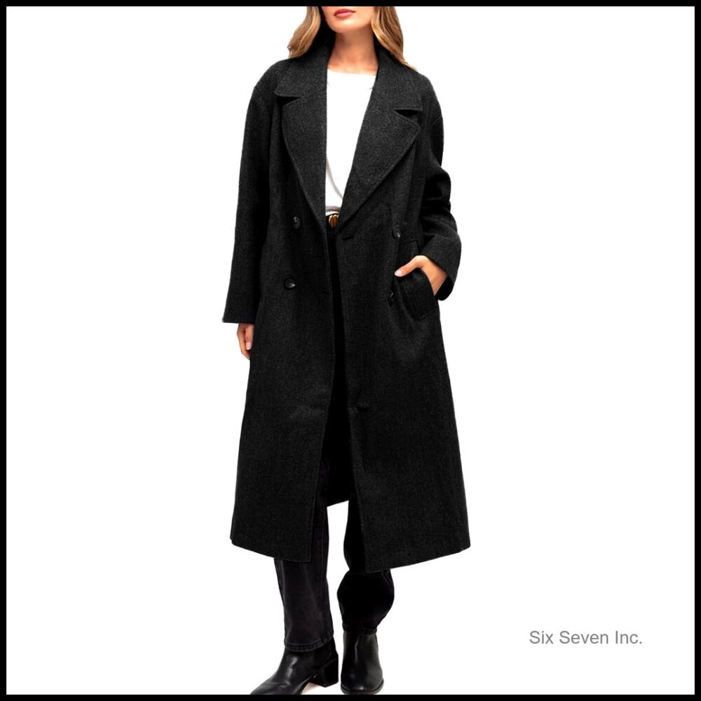 Wool Blend Long Pea Coat With Notch Lapel And Pockets